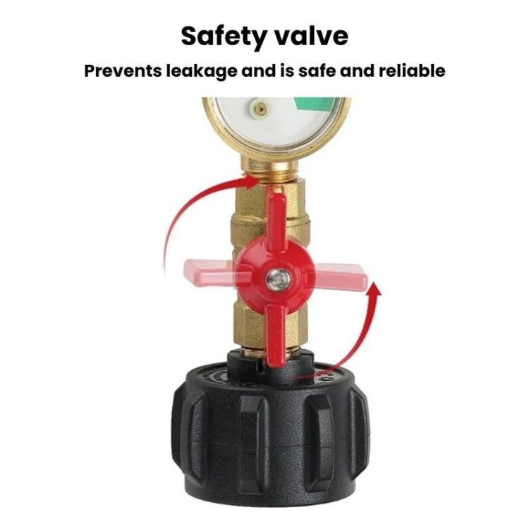 Safety valve propane adapter with red shutoff lever and brass pressure gauge