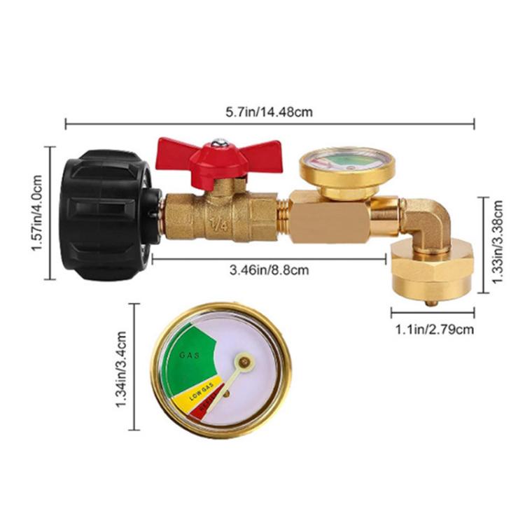 Propane tank refill adapter with pressure gauge and red valve, with size dimensions