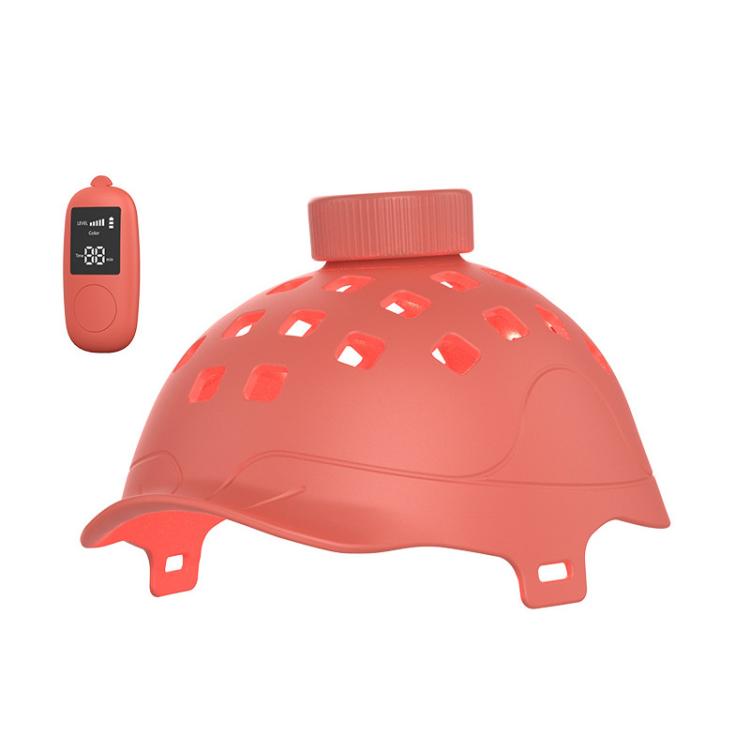 Red silicone laser hair growth cap with vented LED dot array and matching remote