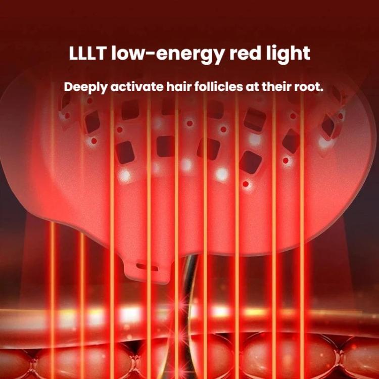 Red silicone hair growth cap with inner LED lights emitting upward