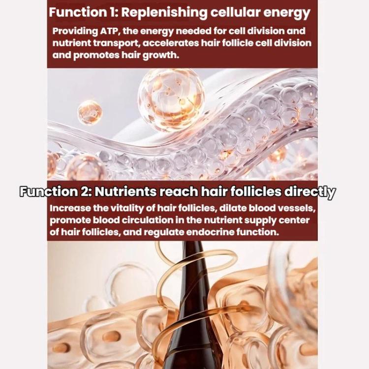 Hair growth function illustration with glowing cellular energy bubbles and scalp