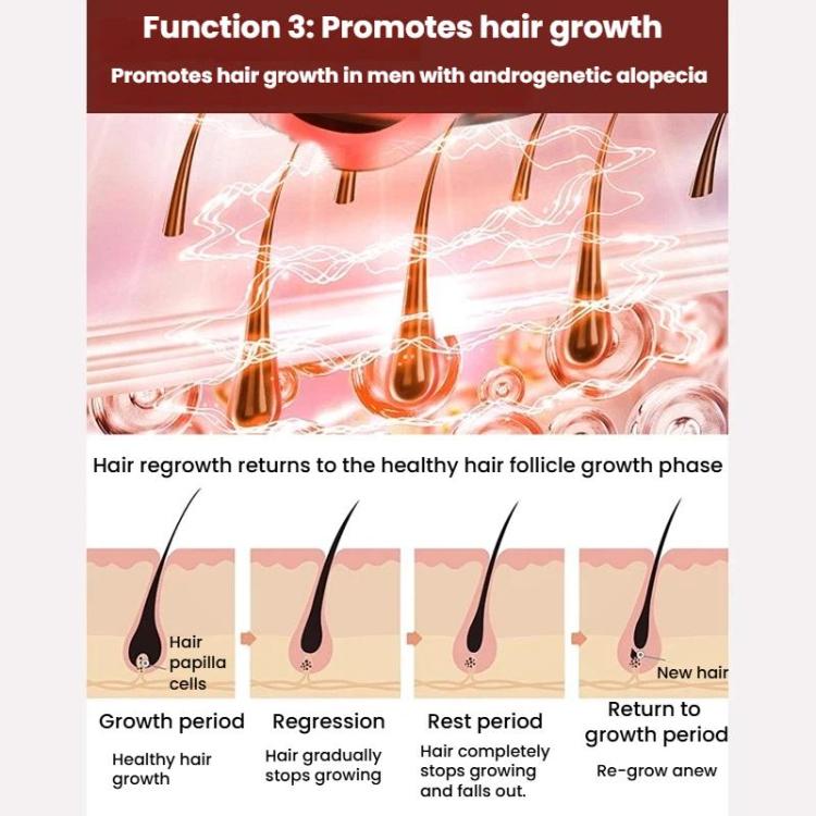 Hair growth function illustration showing red light over scalp and hair cycle