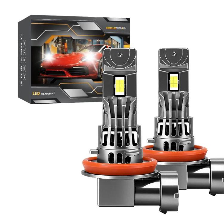 LED car headlight bulb pair with fan, black heatsink and orange mounting rings