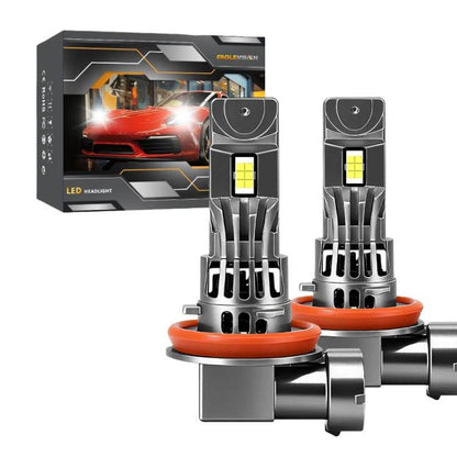 LED car headlight bulb pair with fan, black heatsink and orange mounting rings