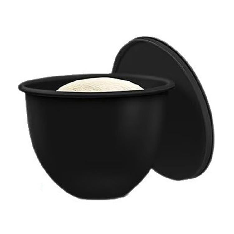 Black silicone mixing bowl lid with insert, open to show liner