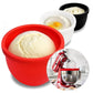 Red and black silicone mixing bowl lids with inserts, shown open and nested