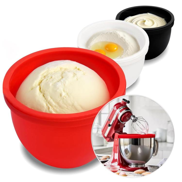 Red and black silicone mixing bowl lids with inserts, shown open and nested