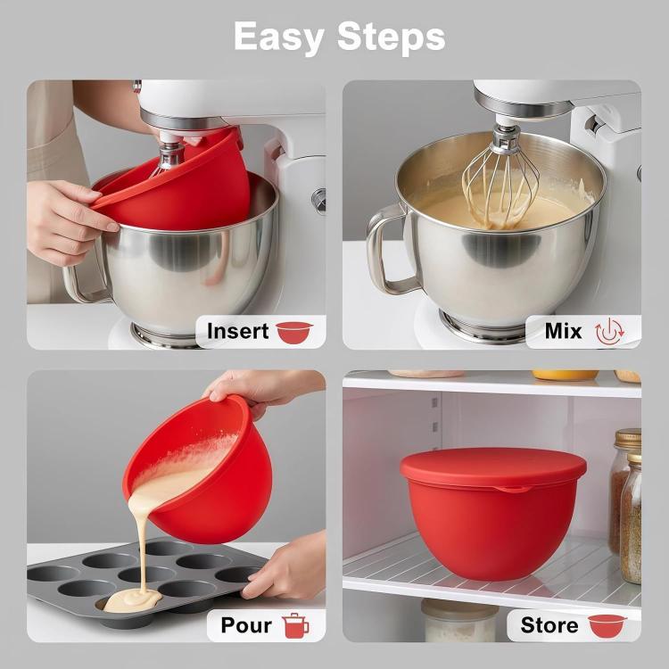 Red silicone mixing bowl lid shown inserting, pouring, and storing