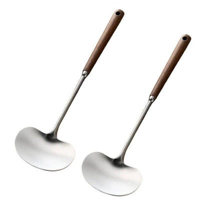 Set of 2 wok ladles with silver metal shovels and dark wood long handles