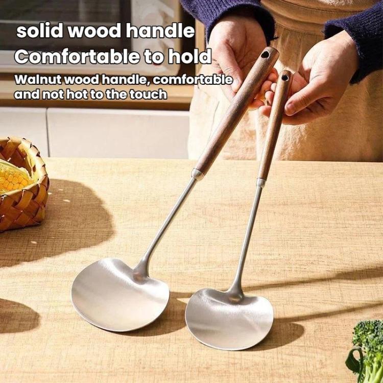 Pair of metal wok ladles with curved shovel heads and dark walnut wood handles