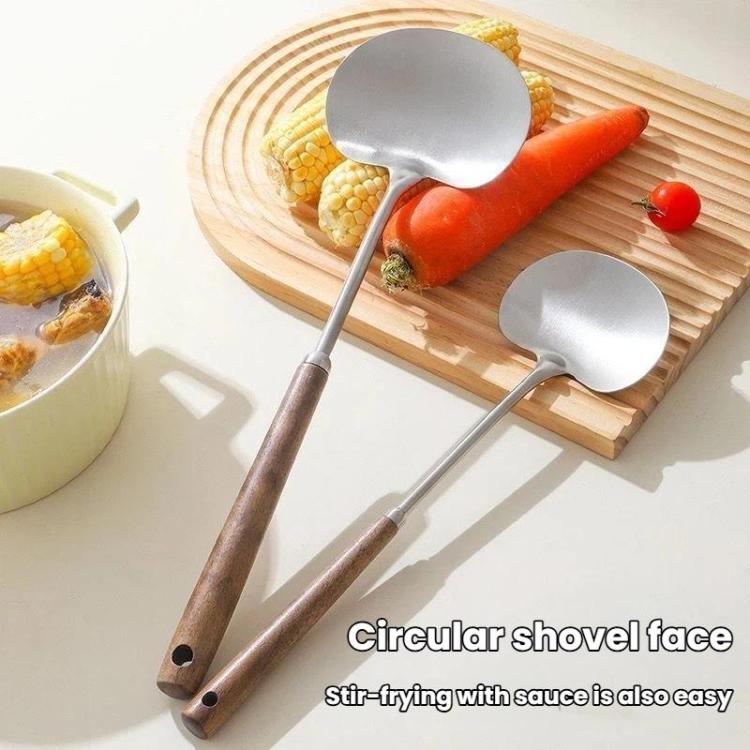 Two metal circular shovel ladles with dark wood handles, for wok stir-frying