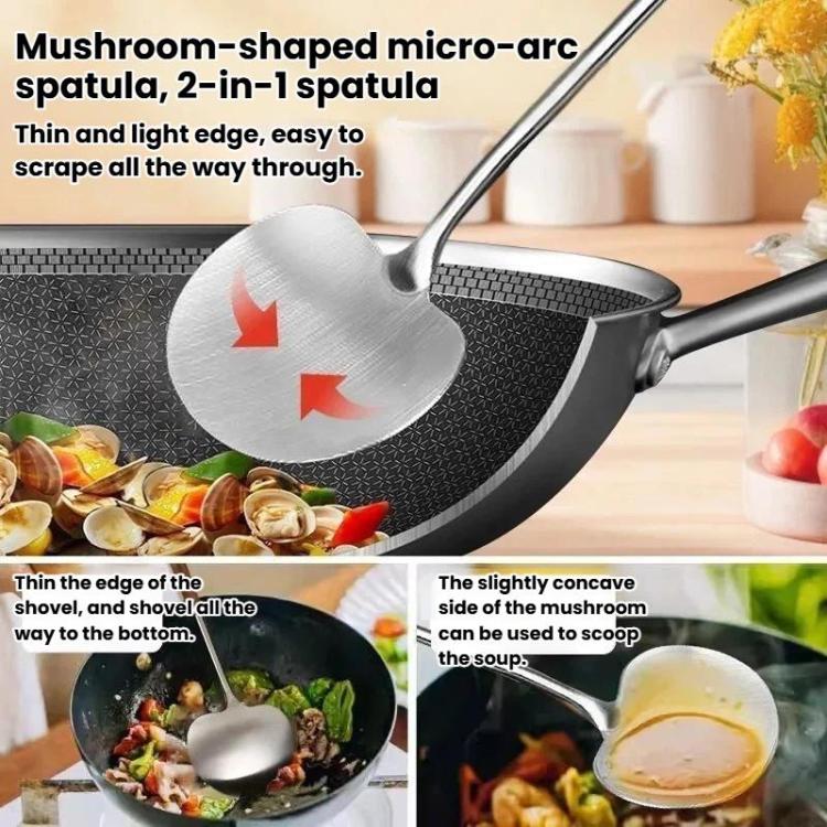Mushroom-shaped metal wok scoop with thin curved edge and long dark wood handle