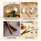 Pair of metal shovel ladles with smooth round heads, dark wood handles, hanging holes