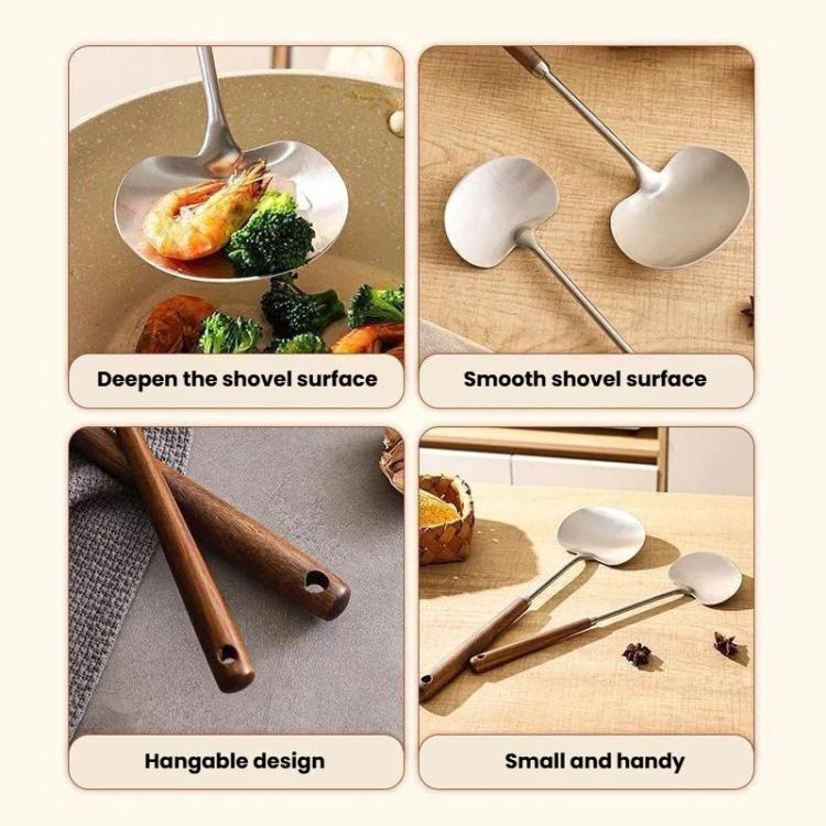 Pair of metal shovel ladles with smooth round heads, dark wood handles, hanging holes