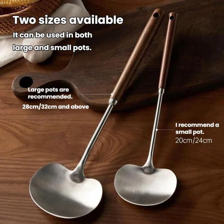 Set of 2 size wok ladles: silver round shovel heads with dark wood long handles