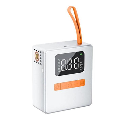 Portable digital tire inflator with LCD screen and orange carry handle, silver/white body