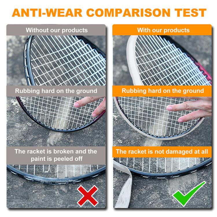 Racket frame with protective tape showing anti-wear comparison on court.