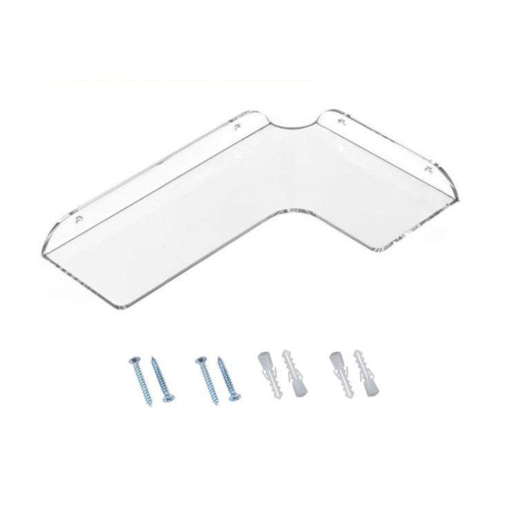 Clear acrylic corner wall shelf with mounting screws, single R-corner design