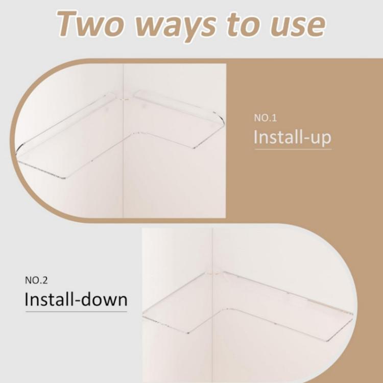 Clear acrylic corner shelf showing two mounting positions for R-corner install