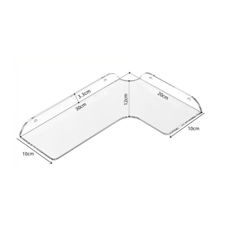 Clear acrylic corner wall shelf with labeled R-corner dimensions in cm
