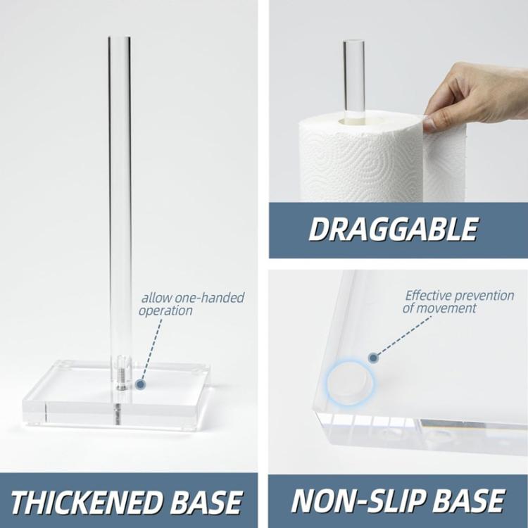 Clear acrylic toilet paper holder with thick, non-slip base; hand loads roll