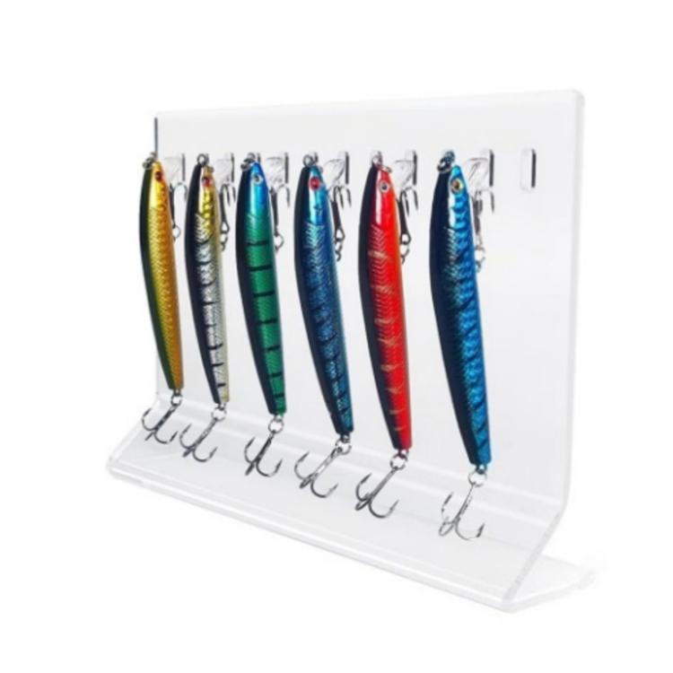 Clear acrylic 10-hole lure stand holding colorful fishing lures with front hooks