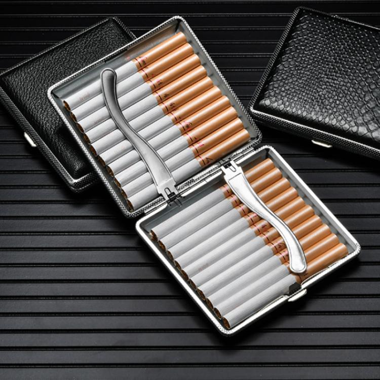 Open leather cigarette case showing rows of cigarettes with a metal spring clamp.