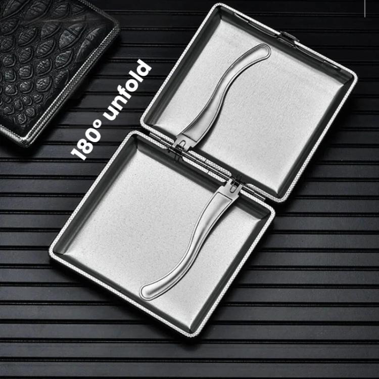Two-part leather cigarette case with metal frame and strap-style latch, open.