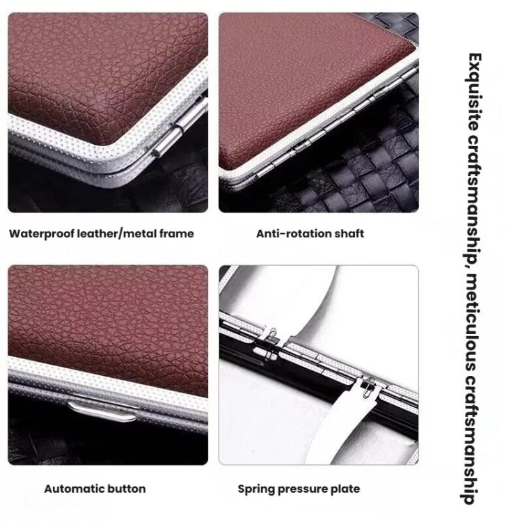 Leather cigarette case details: metal frame, anti-rotation shaft, spring plate, button.