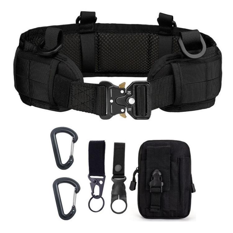Black tactical waist bag belt with MOLLE pouches, metal buckle, and D-ring accessories