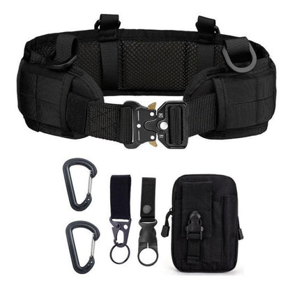 Black tactical waist bag belt with MOLLE pouches, metal buckle, and D-ring accessories