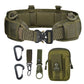 Olive green tactical waist bag belt with MOLLE pouch, metal buckle, and carabiner accessories