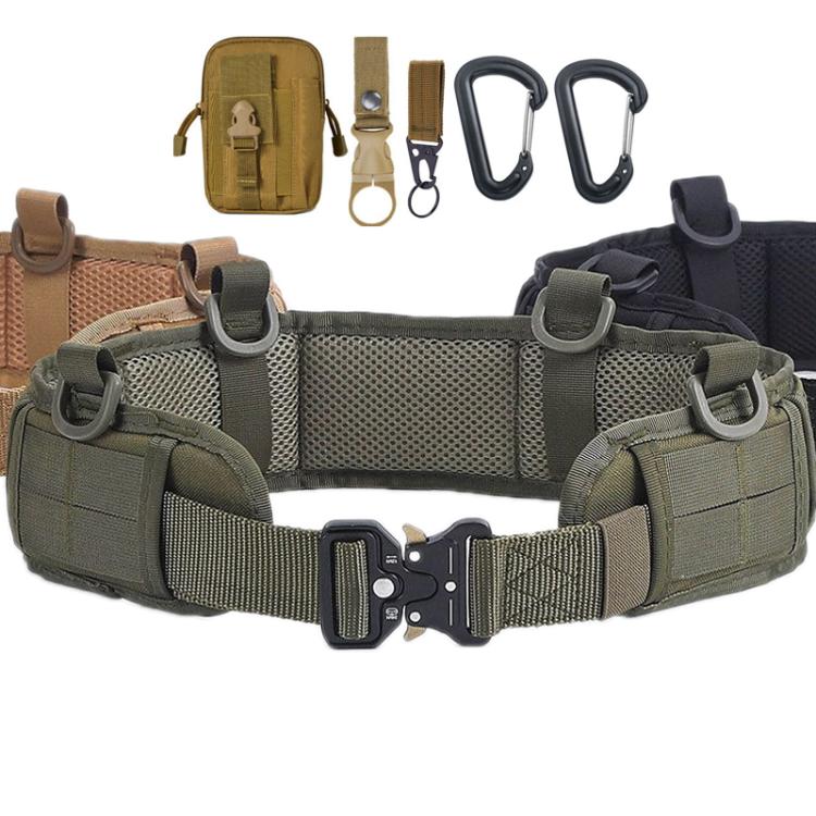 Tactical waist bag belt with olive-toned pouches, adjustable webbing, and D-ring clips