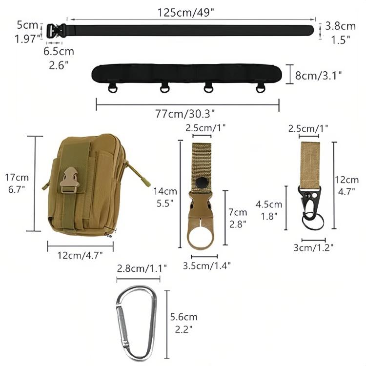 Black waist bag size diagram with strap, buckle, and pouch dimensions in inches/cm