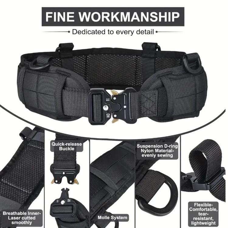 Black tactical waist bag belt with quick-release buckle, inner straps, and D-ring holders