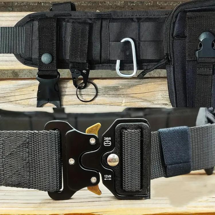 Black tactical waist bag buckle with metal carabiner and key ring accessory