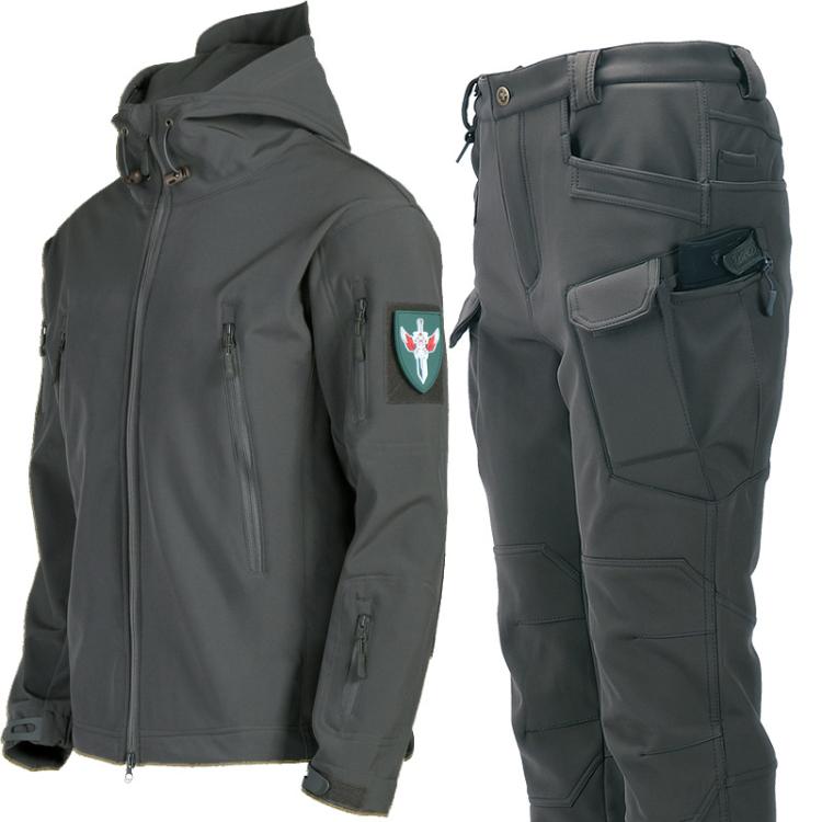 Men's dark gray softshell jacket and pants set with hood, full-zip front, and utility pockets