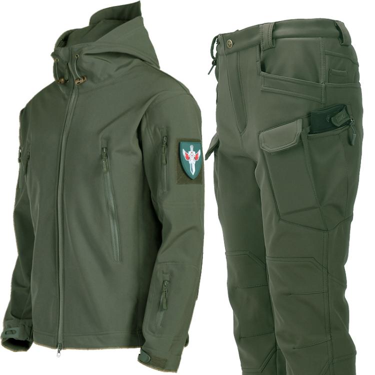 Men's green softshell jacket and pants set with hood, zip front, and waterproof cargo-style pockets