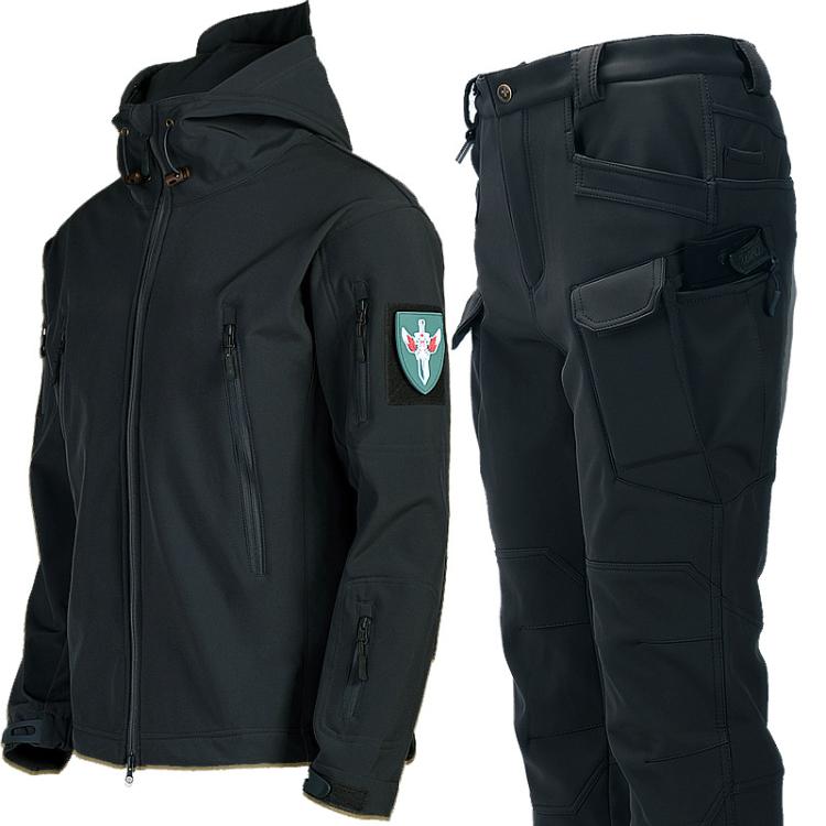 Men's black softshell jacket and pants set with hood, full zip front, and cargo pockets
