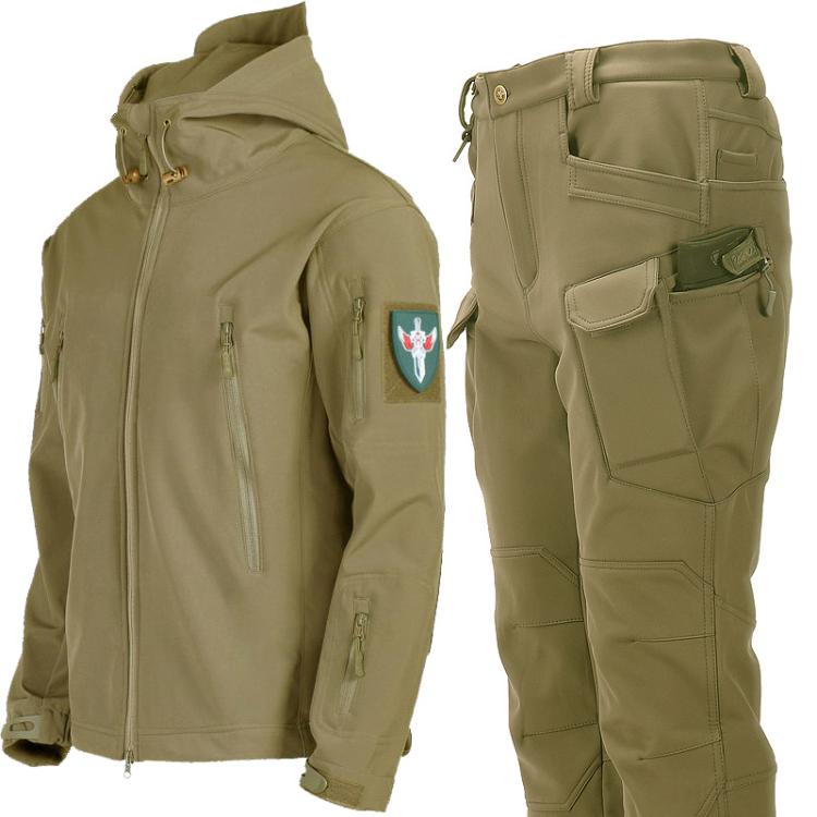 Men's khaki softshell jacket and pants set with hood, zip front, and waterproof cargo-style pockets