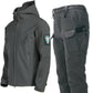 Men's dark gray hooded softshell jacket with zip closure and waterproof pants with cargo pockets