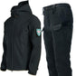 Men's black hooded softshell jacket with zip closure and waterproof pants with multiple pocket panels