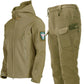 Khaki hiking suit: front-view softshell jacket with chest pocket and cargo pants