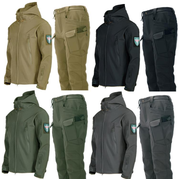 Softshell cycling jacket and cargo pants set shown in multiple colors