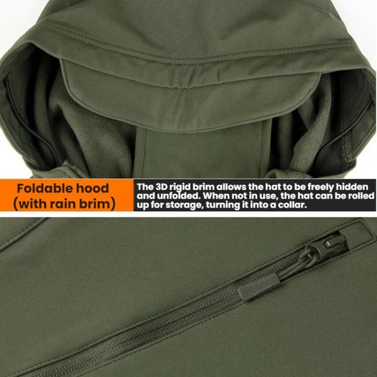 Green hood with folded rain brim and visible softshell seam detail on jacket