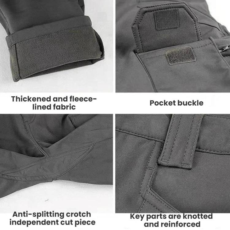 Gray softshell pants with fleece-lined fabric and detailed cuff and knee panel