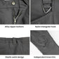 Gray softshell suit details: zipper pulls, pocket hook, elastic waist, knee trim
