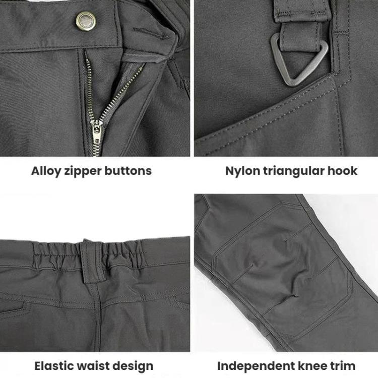 Gray softshell suit details: zipper pulls, pocket hook, elastic waist, knee trim