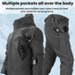 Gray waterproof softshell jacket and cargo pants with multiple exterior pockets