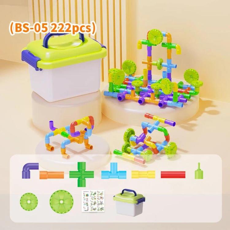 Children Large-Particle Building Blocks Pipe Assembly Toys+Storage Bin, 138pcs /Set, 178pcs /Set, 222pcs /Set
